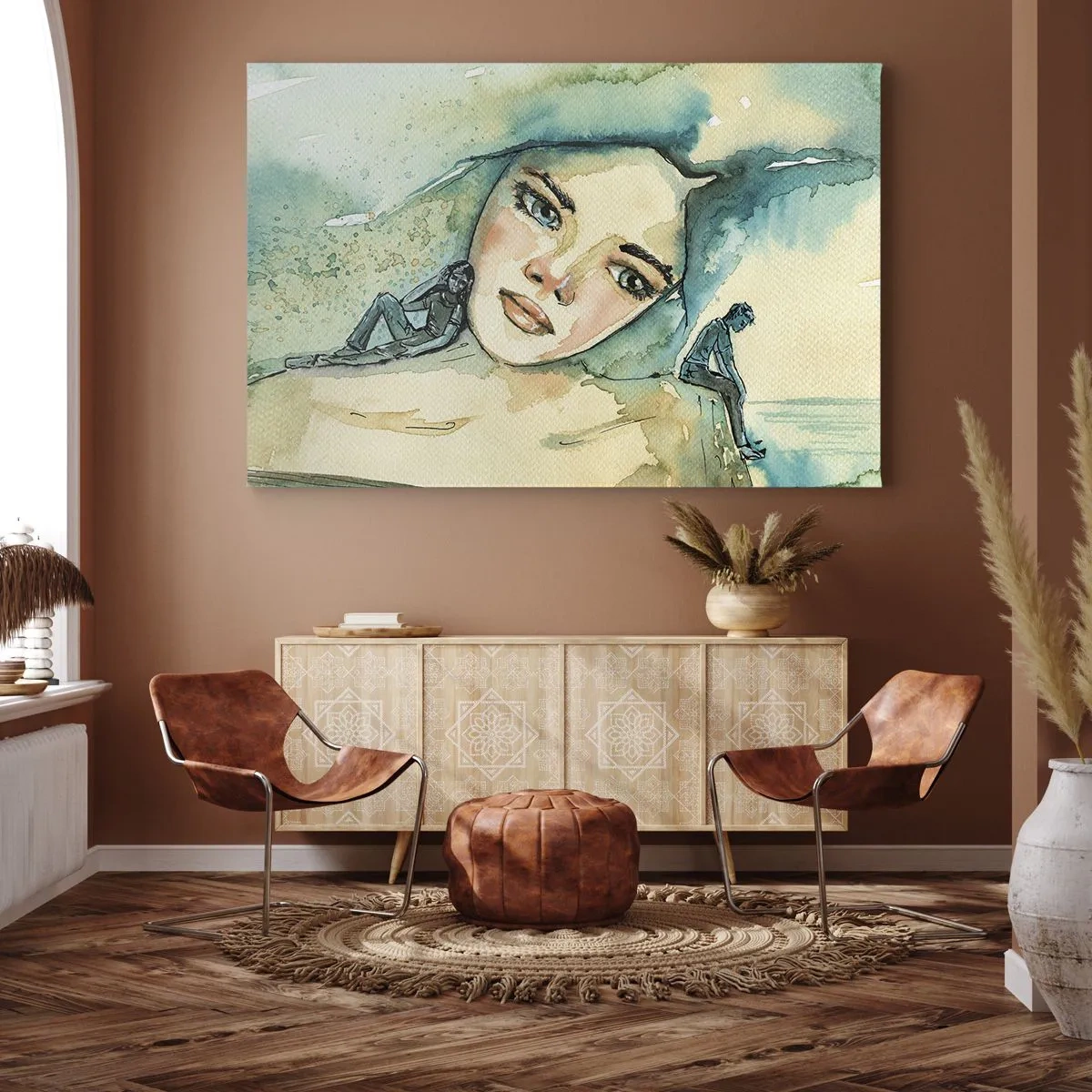Vászonkép - Női arc akvarellje fényvisszaverő motívummal - 70x50cm - Am I blue? - Modern fali dekoráció nappalihoz és hálószobához ARTTOR