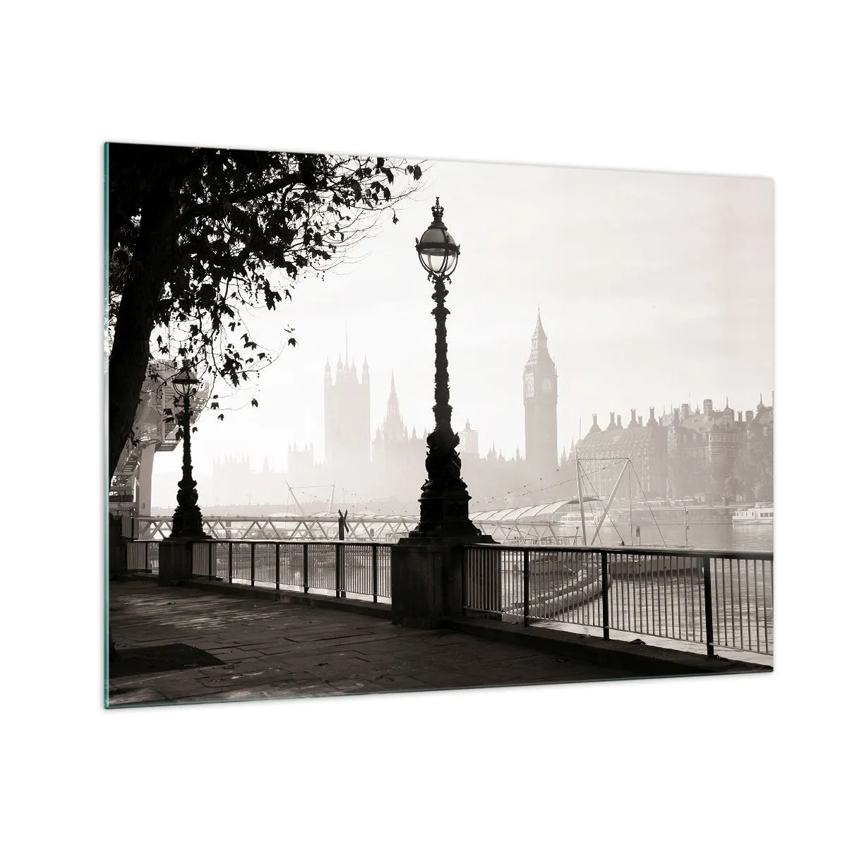 Üveg kép - Fekete-fehér fénykép London sétányáról a Big Bennel - 70x50cm - Londoni reggel - Modern fali dekoráció nappalihoz és hálószobához ARTTOR