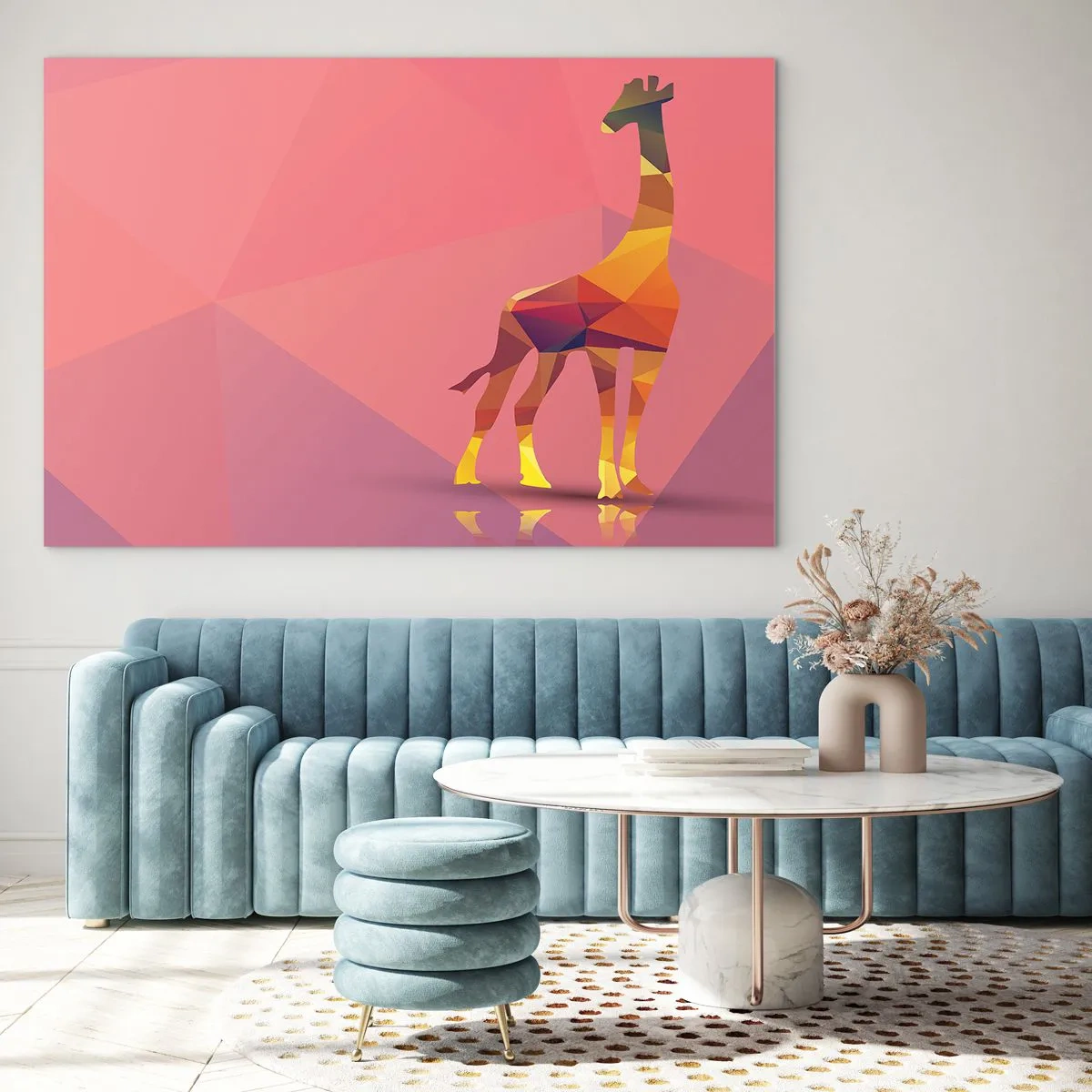 Üveg kép - Geometrikus zsiráf pasztell háttéren - 70x50cm - A szavanna színeiben - Modern fali dekoráció nappalihoz és hálószobához ARTTOR