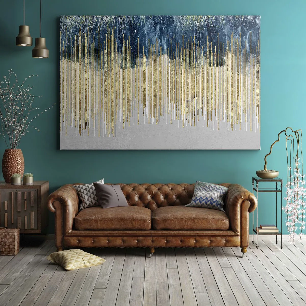 Vászonkép - Arany vonalak sötétkék és szürke absztrakció hátterében - 70x50cm - Aranyozott határ - Modern fali dekoráció nappalihoz és hálószobához ARTTOR