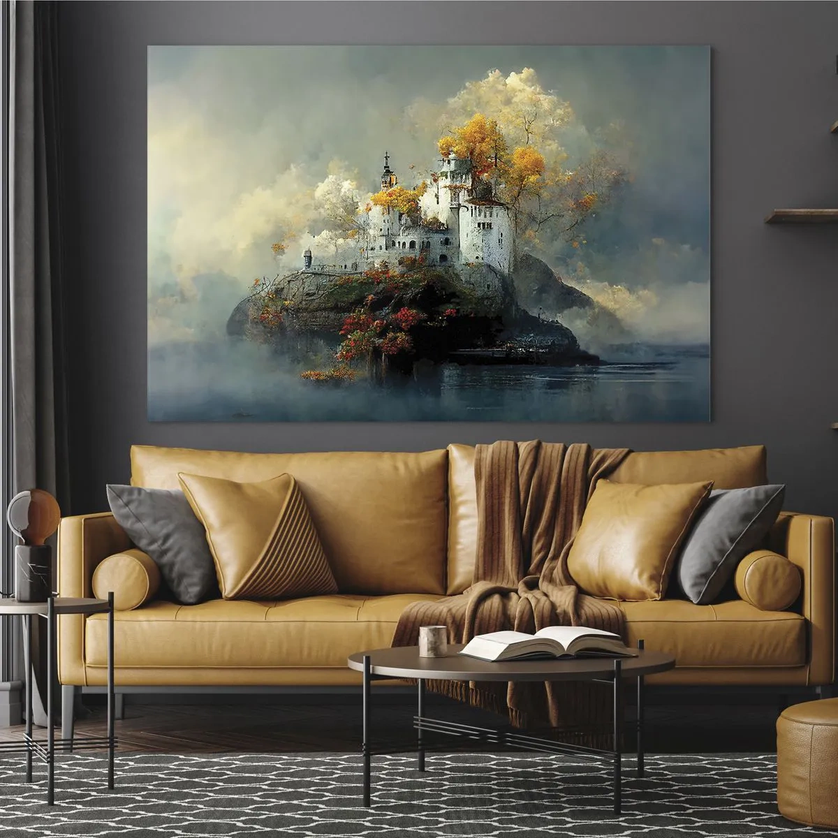 Üveg kép - Egy vár egy sziklán, köd és őszi fák veszik körül - 70x50cm - Egy romantikus történet kezdete - Modern fali dekoráció nappalihoz és hálószobához ARTTOR