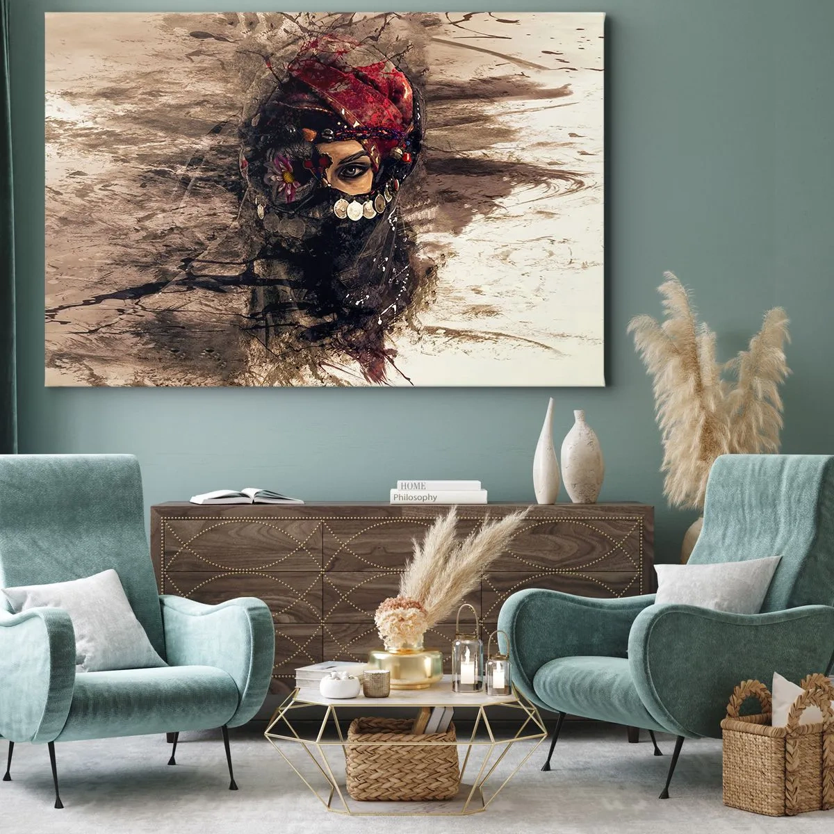 Vászonkép - Egy nő művészi portréja keleti öltözékben, absztrakt háttér előtt. - 70x50cm - Legalább riasztó - Modern fali dekoráció nappalihoz és hálószobához ARTTOR