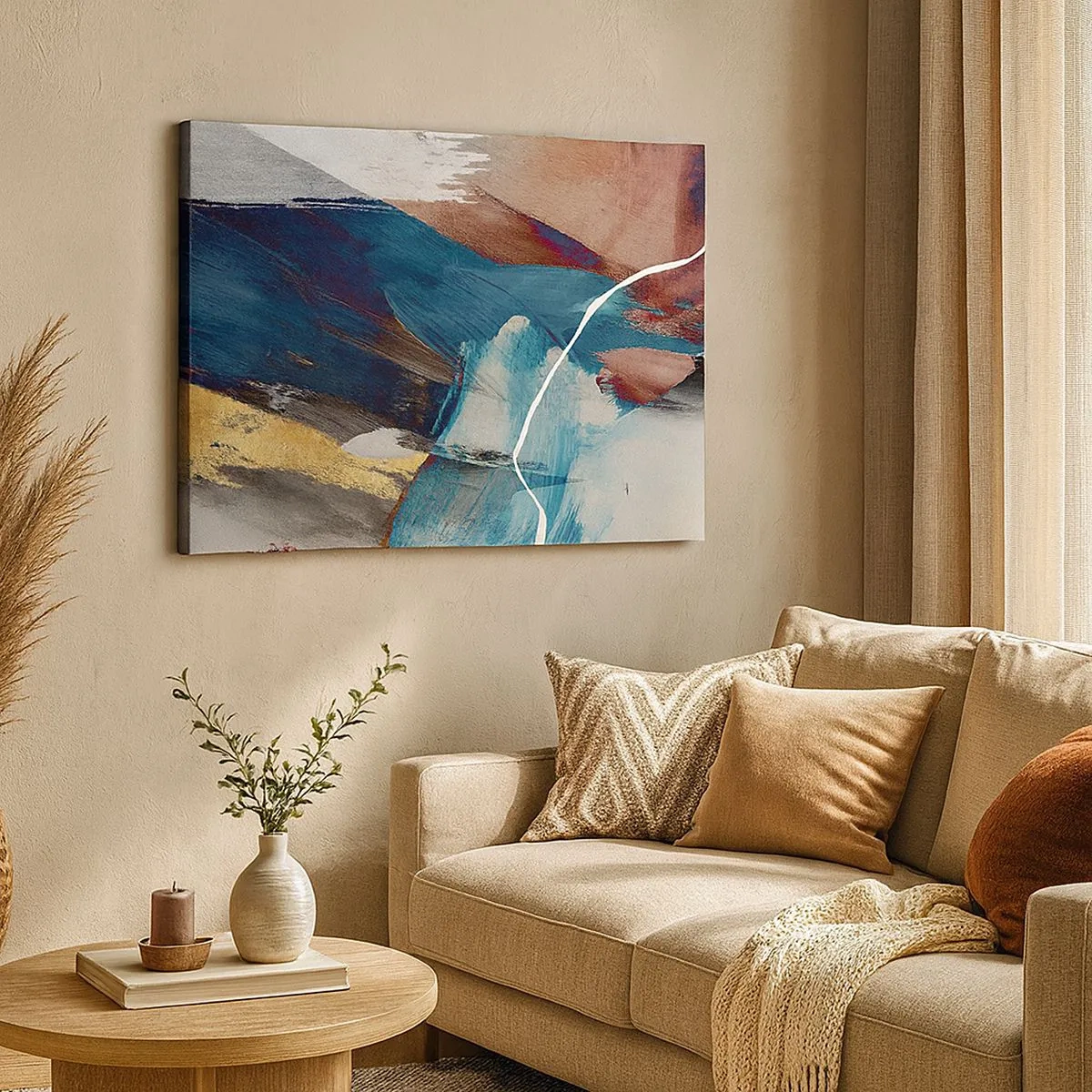 Vászonkép - Absztrakt ecsetvonások kék és arany árnyalatokban - 70x50cm - Lelkesedéssel és energiával - Modern fali dekoráció nappalihoz és hálószobához ARTTOR