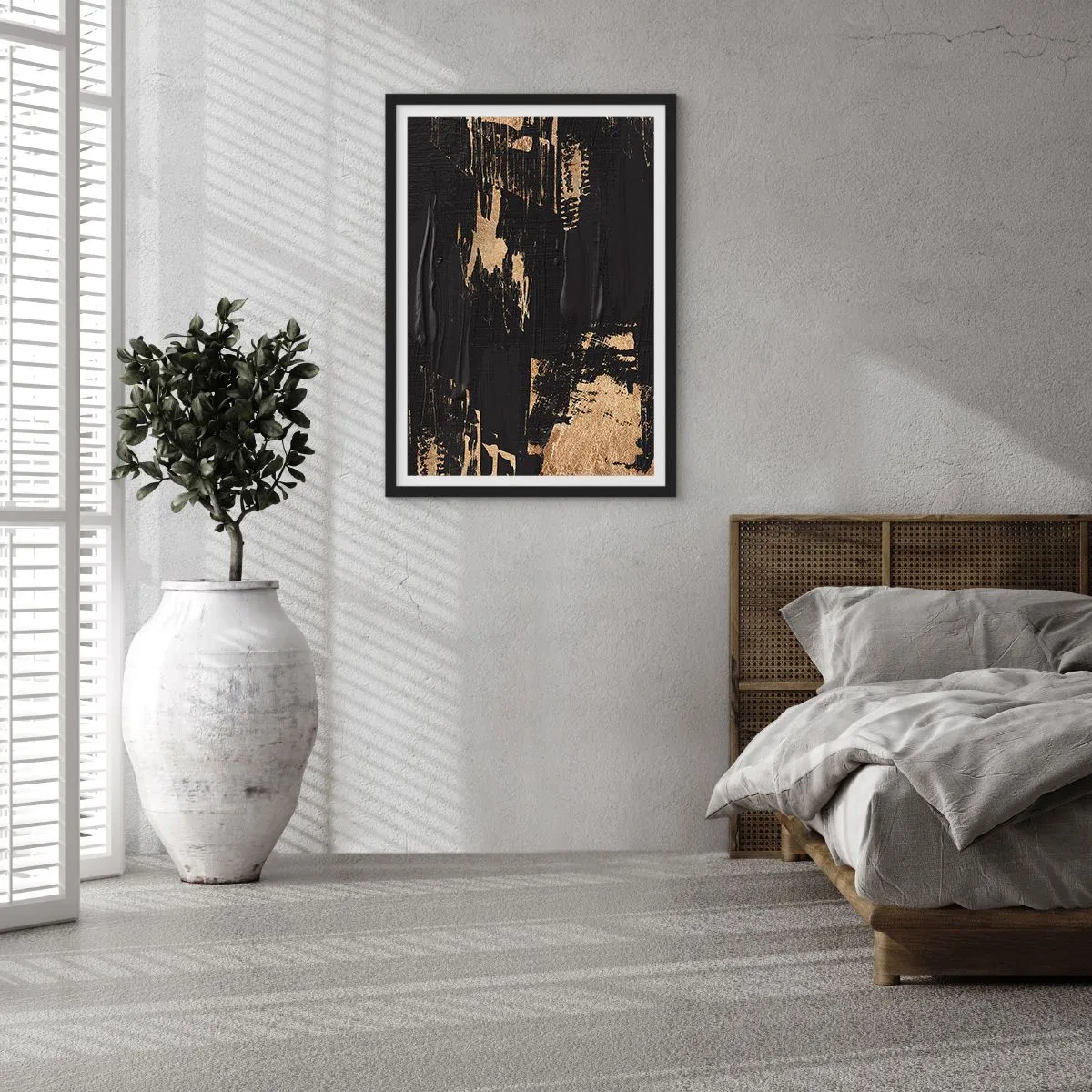 Poszter fehér keretben - Absztrakt festménykompozíció fekete és arany színben - 50x70cm - Az érintés nyoma - Modern fali dekoráció nappalihoz és hálószobához ARTTOR