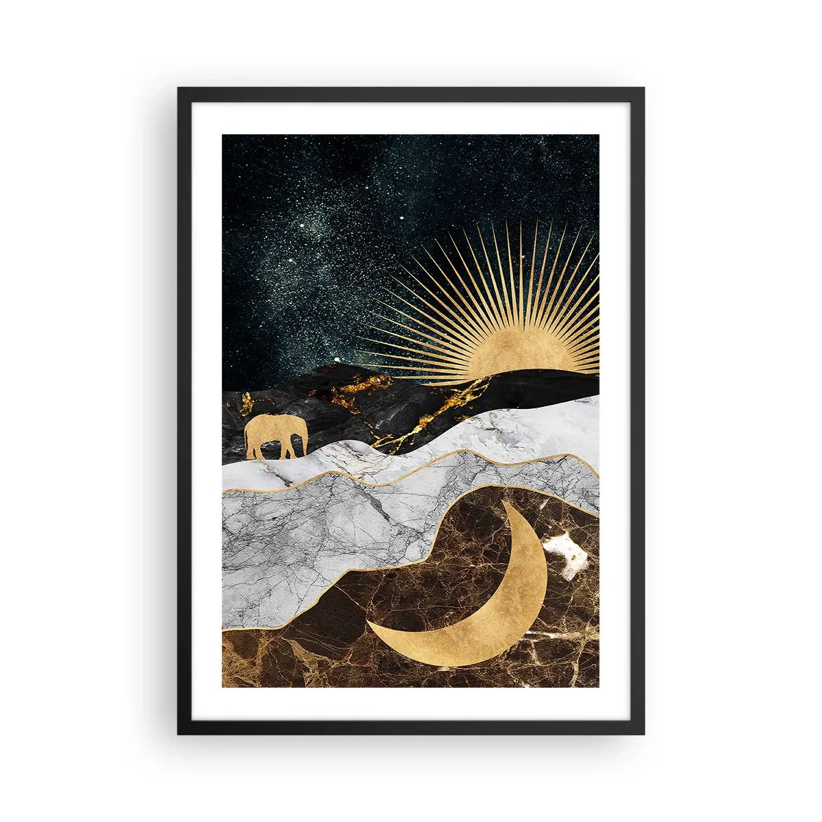 Poszter fehér keretben - Aranyló tájkép a Holddal, a Nappal és egy elefánt sziluettjével - 50x70cm - Örök törvények - Modern fali dekoráció nappalihoz és hálószobához ARTTOR