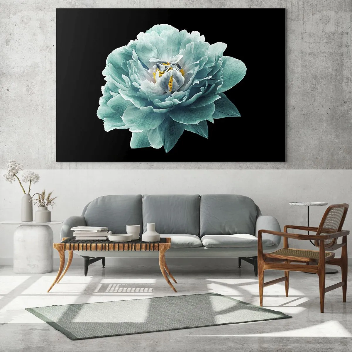 Üveg kép - Egy türkiz virág sárga közepű, fekete alapon, elbűvölő stílusban. - 70x50cm - Kék és arany szirmok - Modern fali dekoráció nappalihoz és hálószobához ARTTOR