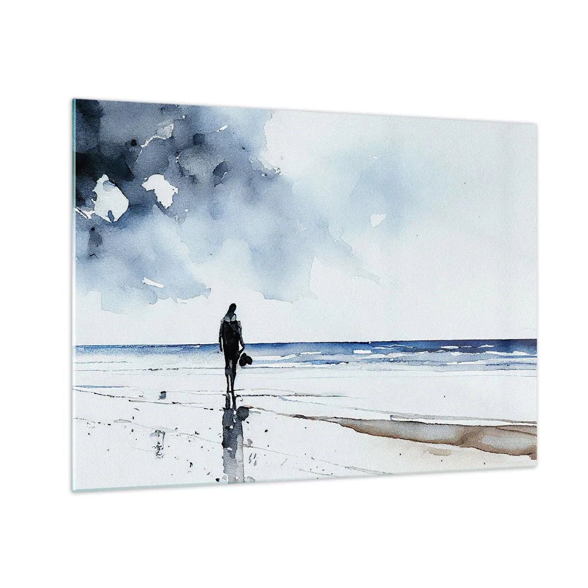 Üveg kép - Sziluettje egy személynek a tengerparton finom akvarellben - 70x50cm - Beszélgetés a tengerrel - Modern fali dekoráció nappalihoz és hálószobához ARTTOR