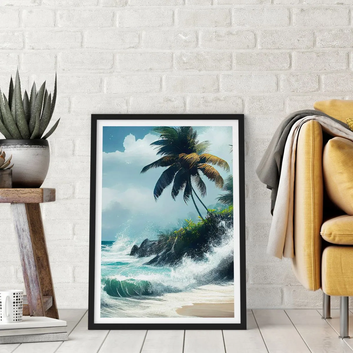 Poszter fehér keretben - Trópusi strand pálmafákkal és viharos óceánnal - 50x70cm - Egy trópusi parton - Modern fali dekoráció nappalihoz és hálószobához ARTTOR
