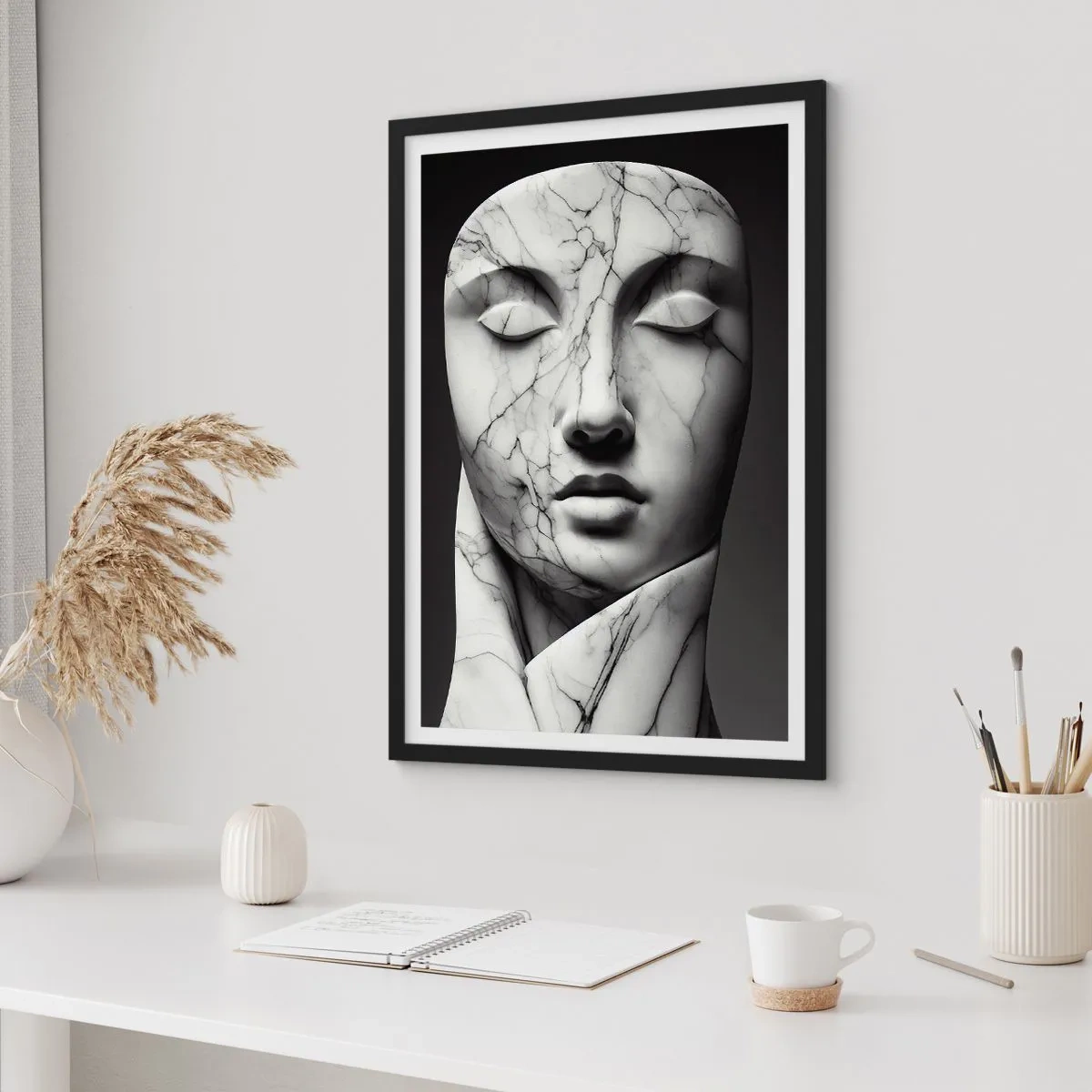 Poszter fehér keretben - Márvány szobor arc csukott szemmel, fekete háttér előtt - 50x70cm - Márvány formák - Modern fali dekoráció nappalihoz és hálószobához ARTTOR