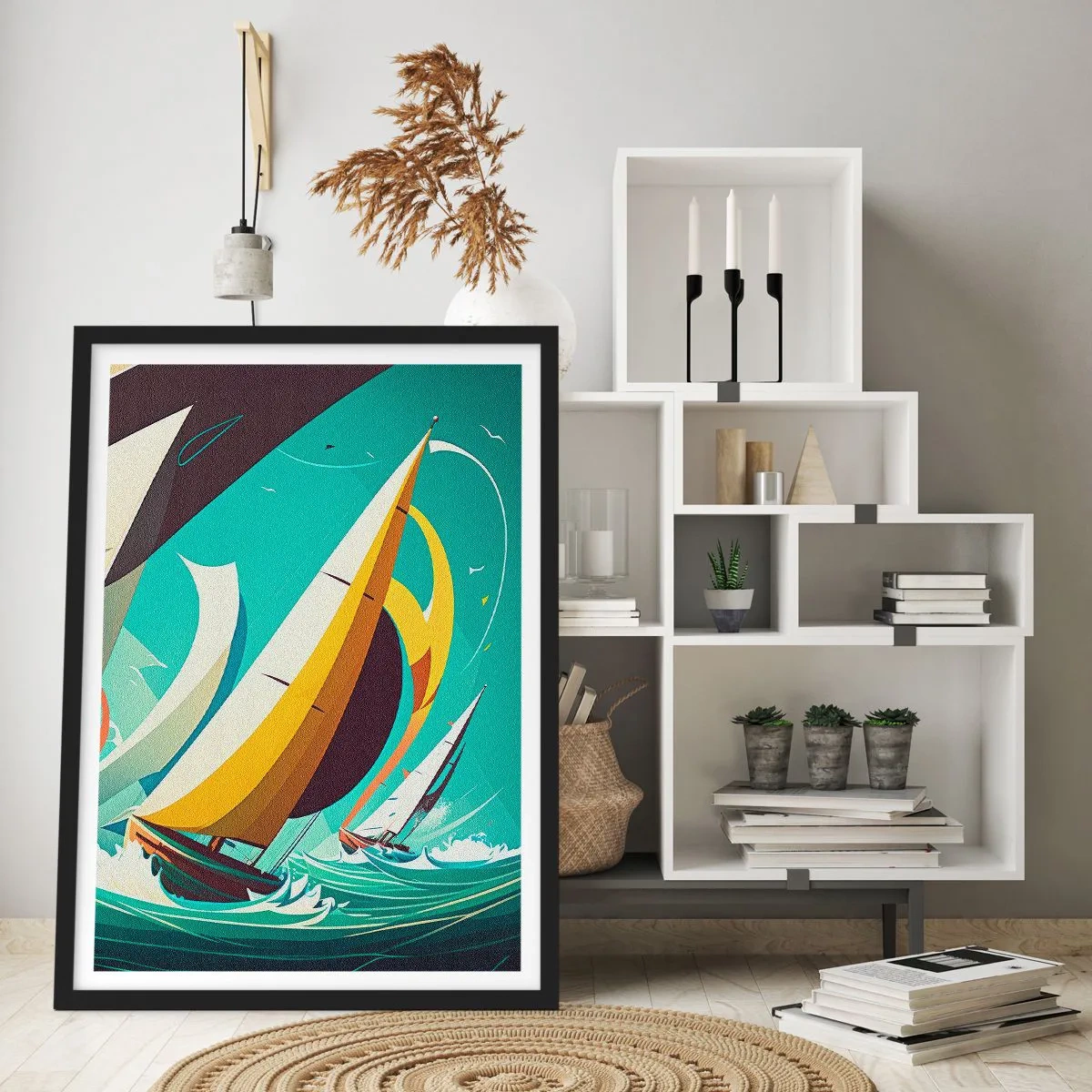 Poszter fehér keretben - Absztrakt vitorlás regatta viharos tengeren - 50x70cm - Közelről és személyesen az elemekkel - Modern fali dekoráció nappalihoz és hálószobához ARTTOR