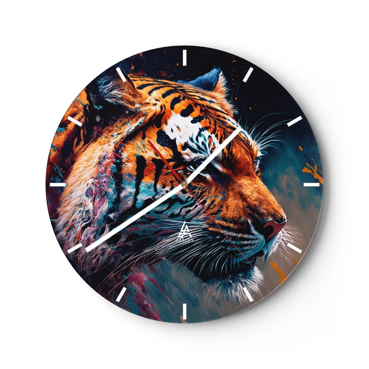Falióra, Óra - Tigris portréja intenzív színekben, festői díszítésekkel - 30x30cm - Vad szépség - Modern fali dekoráció nappalihoz, konyhához és hálószobához ARTTOR