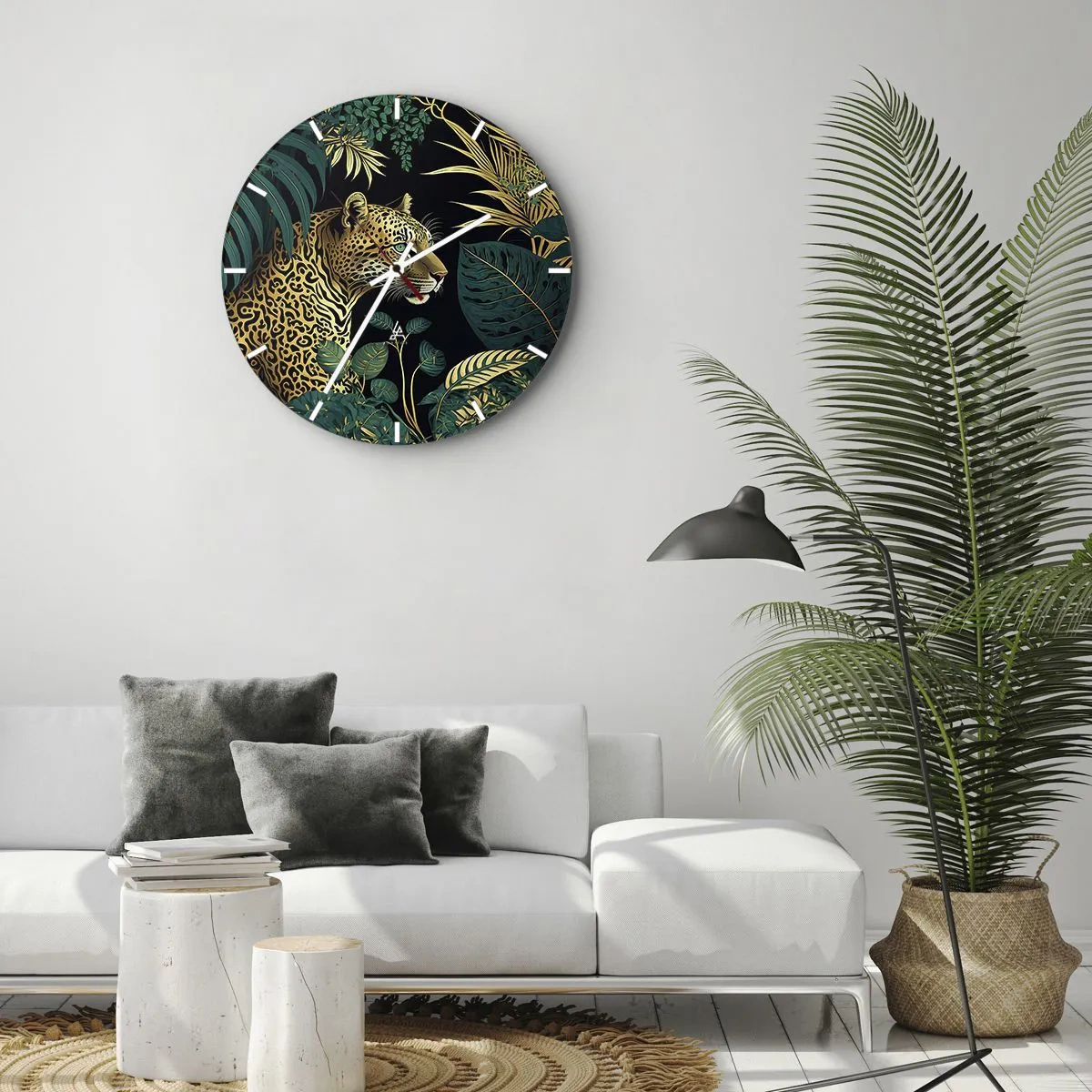 Falióra, Óra - Leopárd trópusi levelek között, fekete háttér előtt - 30x30cm - A házigazda a dzsungelben - Modern fali dekoráció nappalihoz, konyhához és hálószobához ARTTOR