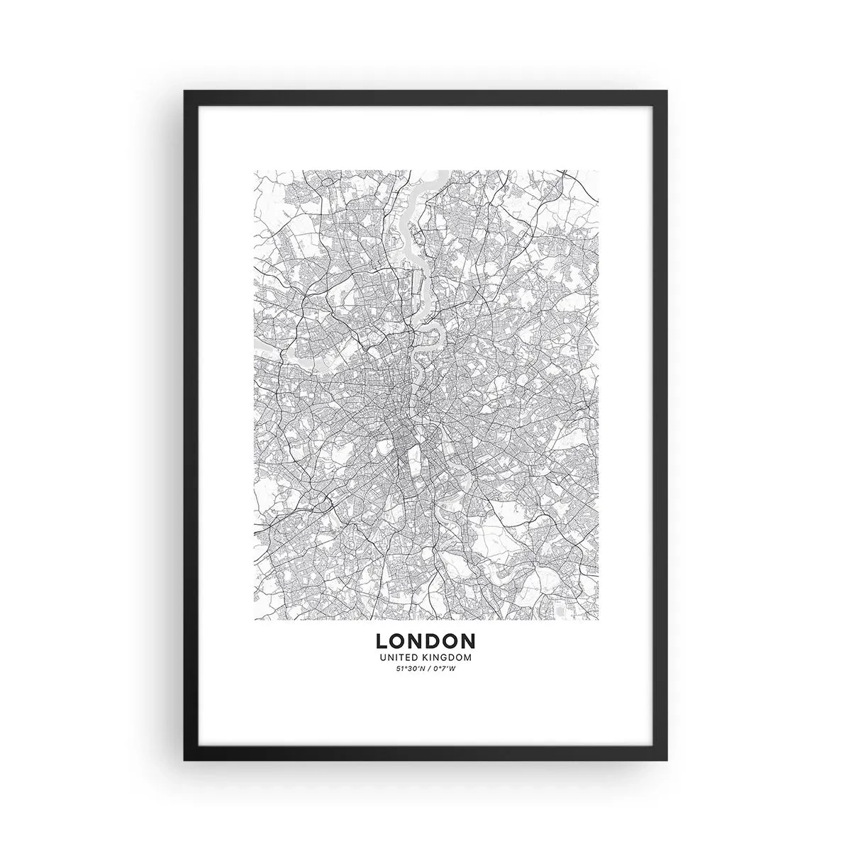 Poszter fehér keretben - London fekete-fehér térképe pontos utcaadatokkal - 50x70cm - A londoni labirintus térképe - Modern fali dekoráció nappalihoz és hálószobához ARTTOR