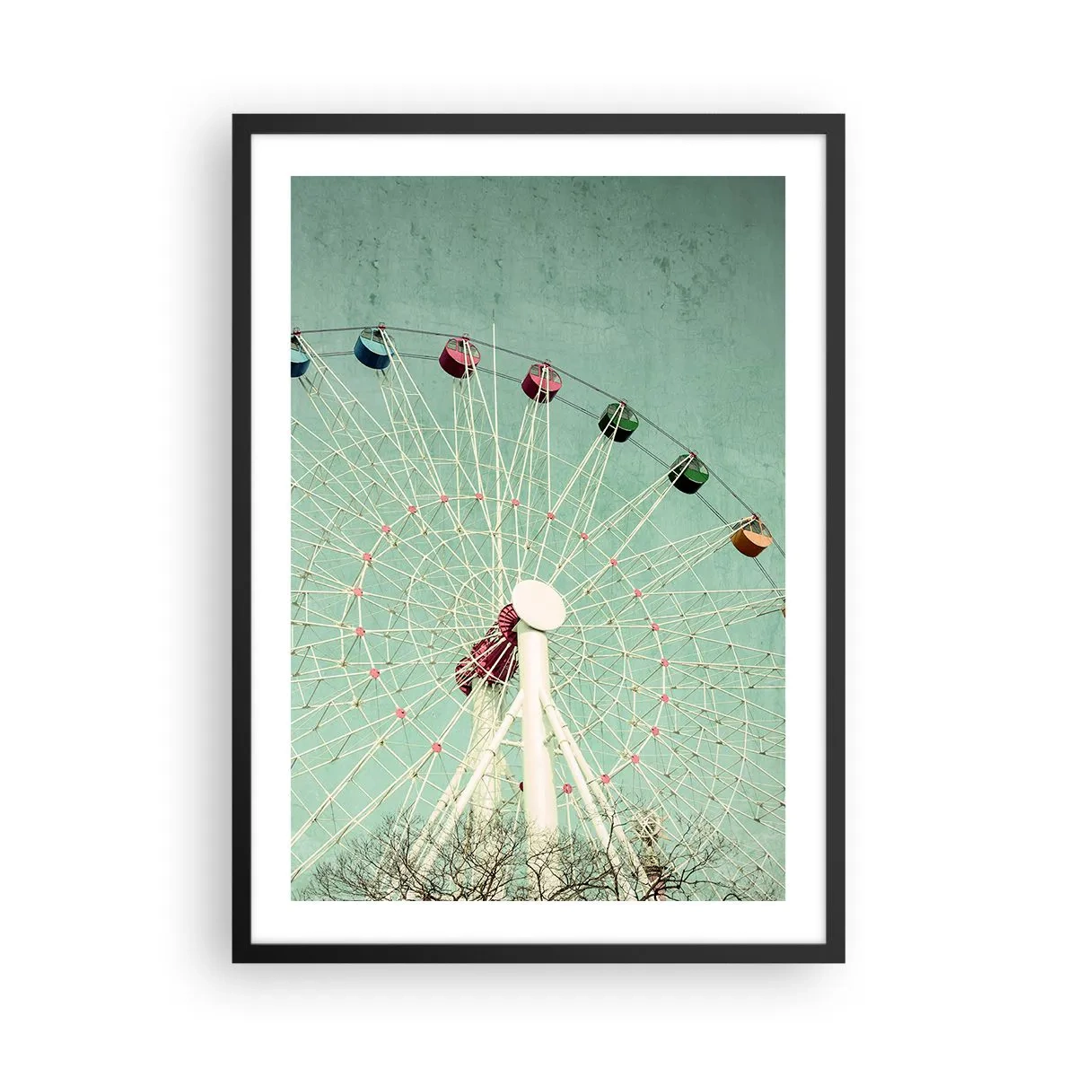 Poszter fehér keretben - Egy retro óriáskerék a menta színű égbolton - 50x70cm - Gyere játszani - Modern fali dekoráció nappalihoz és hálószobához ARTTOR