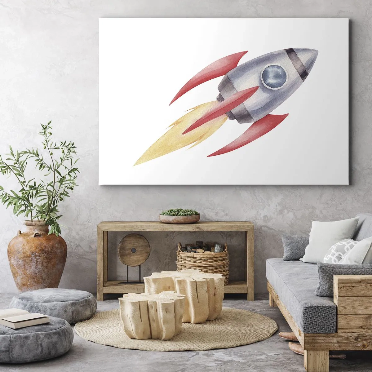 Vászonkép - Akvarell stílusú rakéta fehér alapon - 70x50cm - Magasabbra, gyorsabban, messzebbre - Modern fali dekoráció nappalihoz és hálószobához ARTTOR