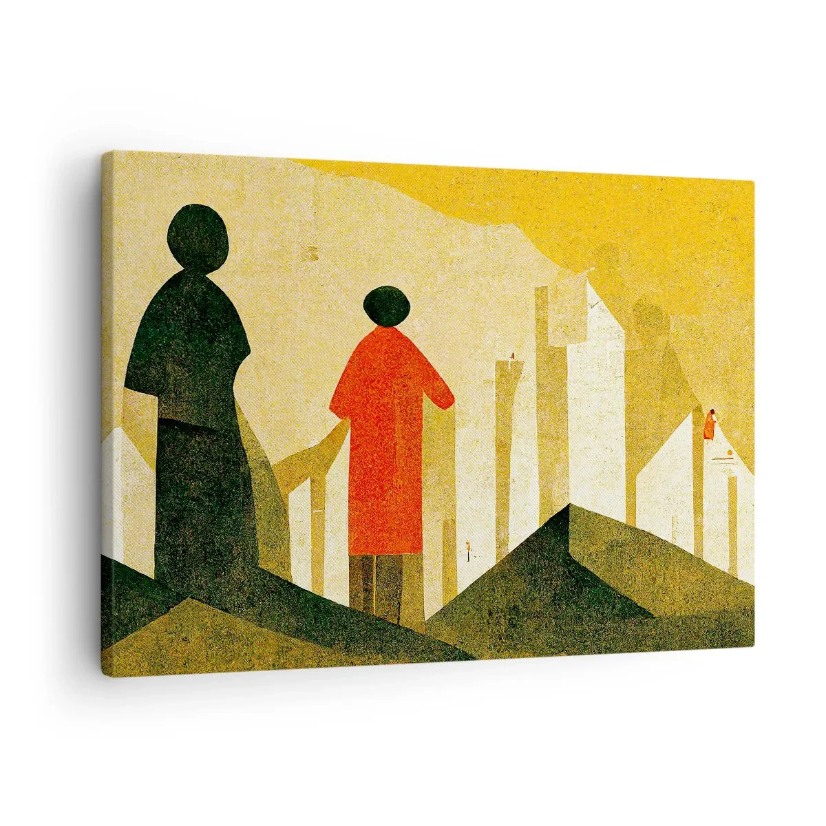 Vászonkép - Geometrikus sziluettek piros és zöld színben, sárga alapon - 70x50cm - Még messze van - Modern fali dekoráció nappalihoz és hálószobához ARTTOR