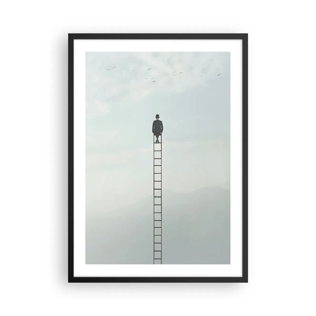 Poszter fehér keretben - Létrán álló férfi az eget nézi - 50x70cm - Emelkedj feljebb - Modern fali dekoráció nappalihoz és hálószobához ARTTOR