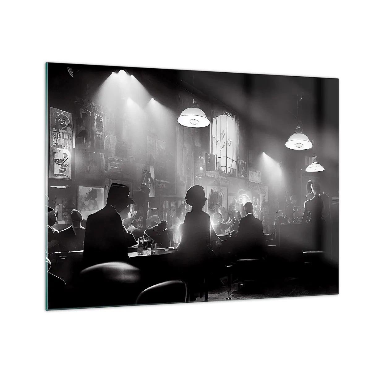 Üveg kép - Fekete-fehér jazz színpad egy klubbelsőben - 70x50cm - Jazzes hangulatban - Modern fali dekoráció nappalihoz és hálószobához ARTTOR