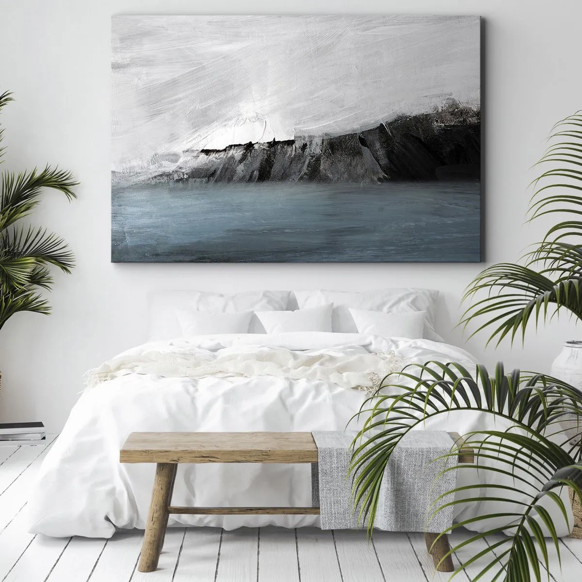 Vászonkép - Absztrakt táj vízzel és egy sziklás parttal - 70x50cm - Víz - föld: az elemek összecsapása - Modern fali dekoráció nappalihoz és hálószobához ARTTOR