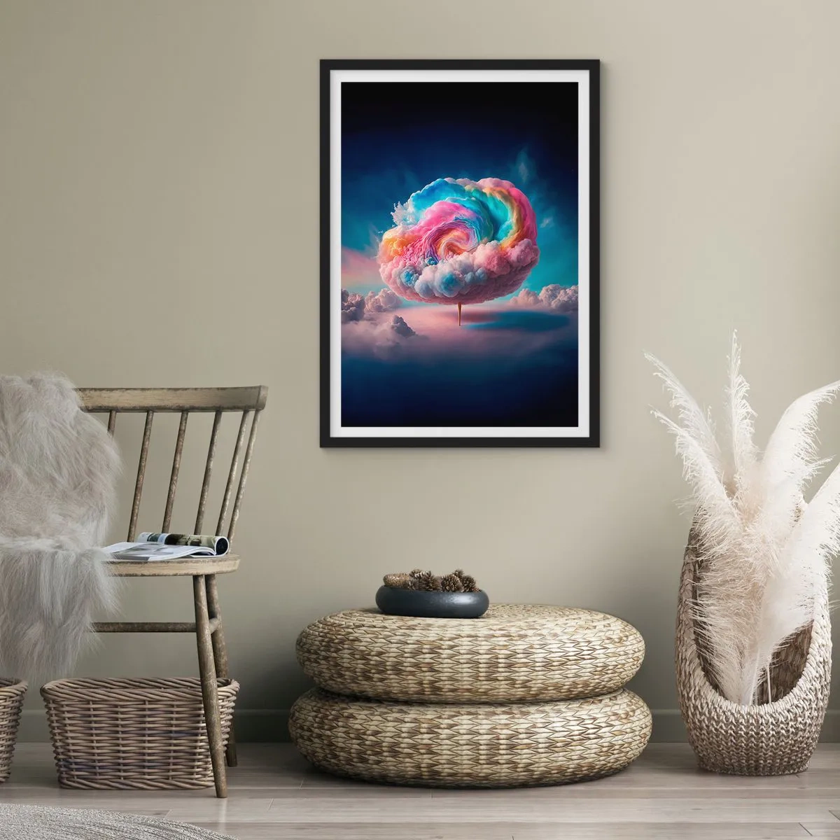 Poszter fehér keretben - Egy színes, absztrakt felhő örvénylik az űrben - 50x70cm - Álom egy vidámparkról - Modern fali dekoráció nappalihoz és hálószobához ARTTOR
