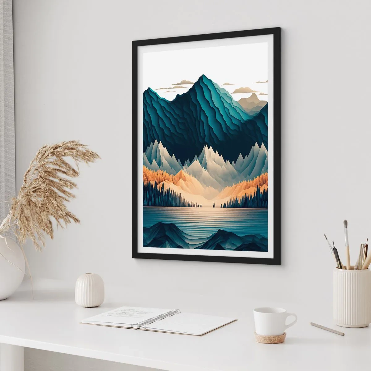 Poszter fehér keretben - Stilizált hegyi táj kék árnyalatú tóval - 50x70cm - Tökéletes hegyi táj - Modern fali dekoráció nappalihoz és hálószobához ARTTOR