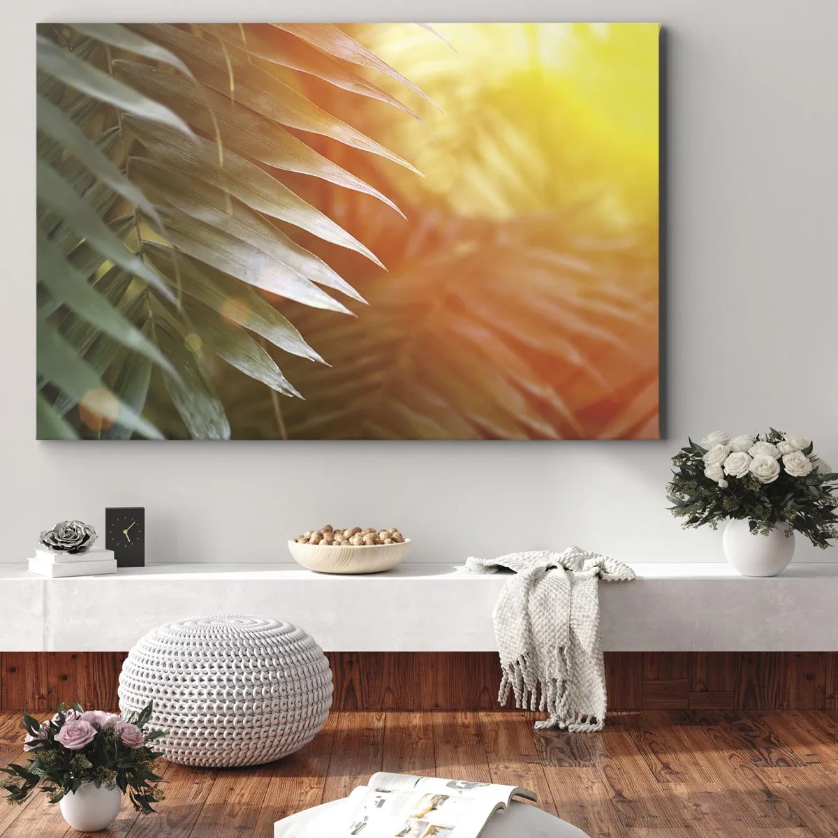 Vászonkép - Pálmalevelek a naplemente sugaraiban - 70x50cm - Reggel a dzsungelben - Modern fali dekoráció nappalihoz és hálószobához ARTTOR