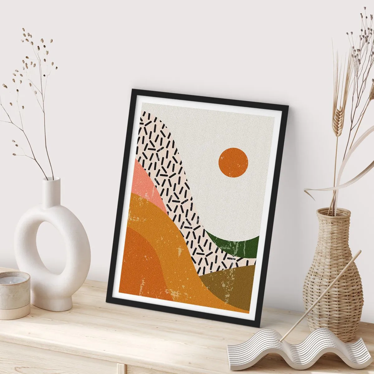 Poszter fehér keretben - Absztrakt táj meleg színekben - 50x70cm - Napfényes absztrakció - Modern fali dekoráció nappalihoz és hálószobához ARTTOR