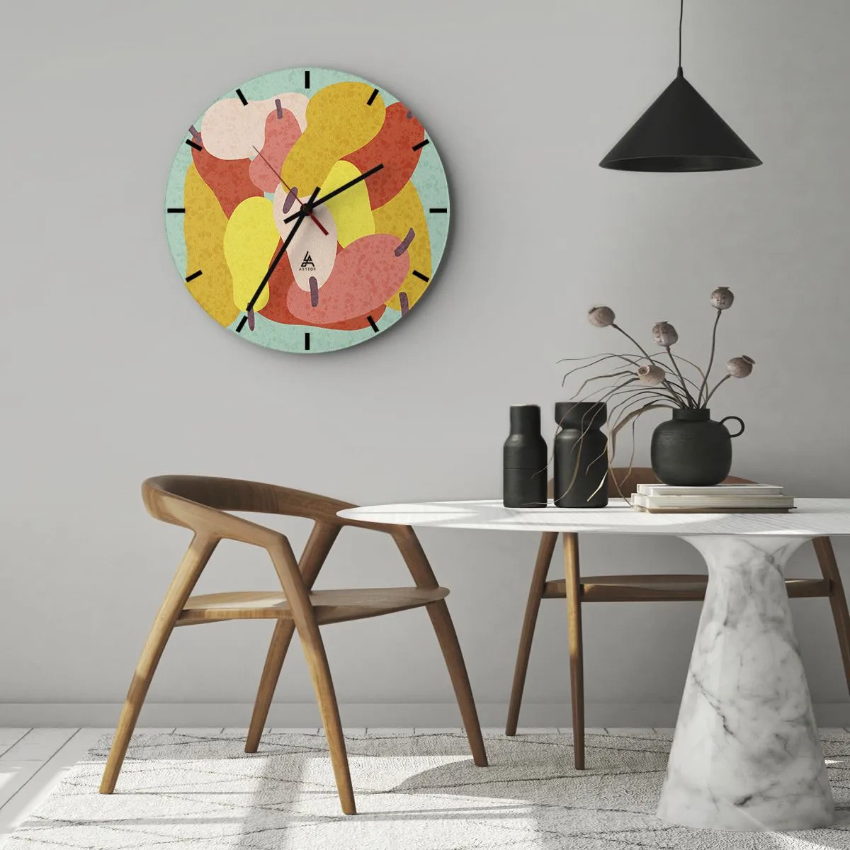 Falióra, Óra - Színes körték grafikus stílusban türkiz alapon - 30x30cm - Ízlelgetni a nyári napot - Modern fali dekoráció nappalihoz, konyhához és hálószobához ARTTOR