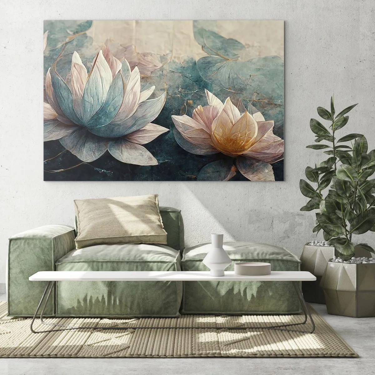 Üveg kép - Lótuszvirágok művészi ábrázolása vízlevelek hátterében. - 70x50cm - Tavi csillagok - Modern fali dekoráció nappalihoz és hálószobához ARTTOR