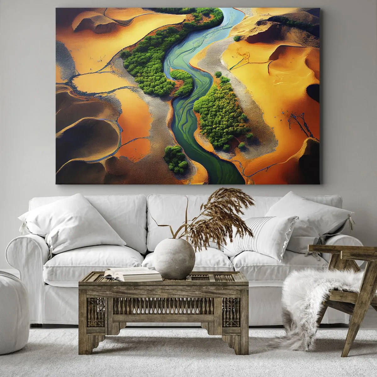 Vászonkép - Egy zöld folyó, aranyló homokkal és növényzettel körülvéve - 70x50cm - Életetadó folyó - Modern fali dekoráció nappalihoz és hálószobához ARTTOR