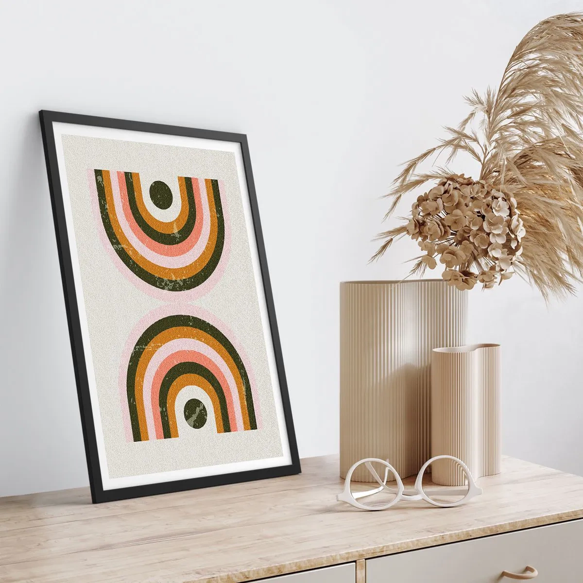 Poszter fehér keretben - Geometriai kompozíció retro stílusban - 50x70cm - Iker absztrakció - Modern fali dekoráció nappalihoz és hálószobához ARTTOR