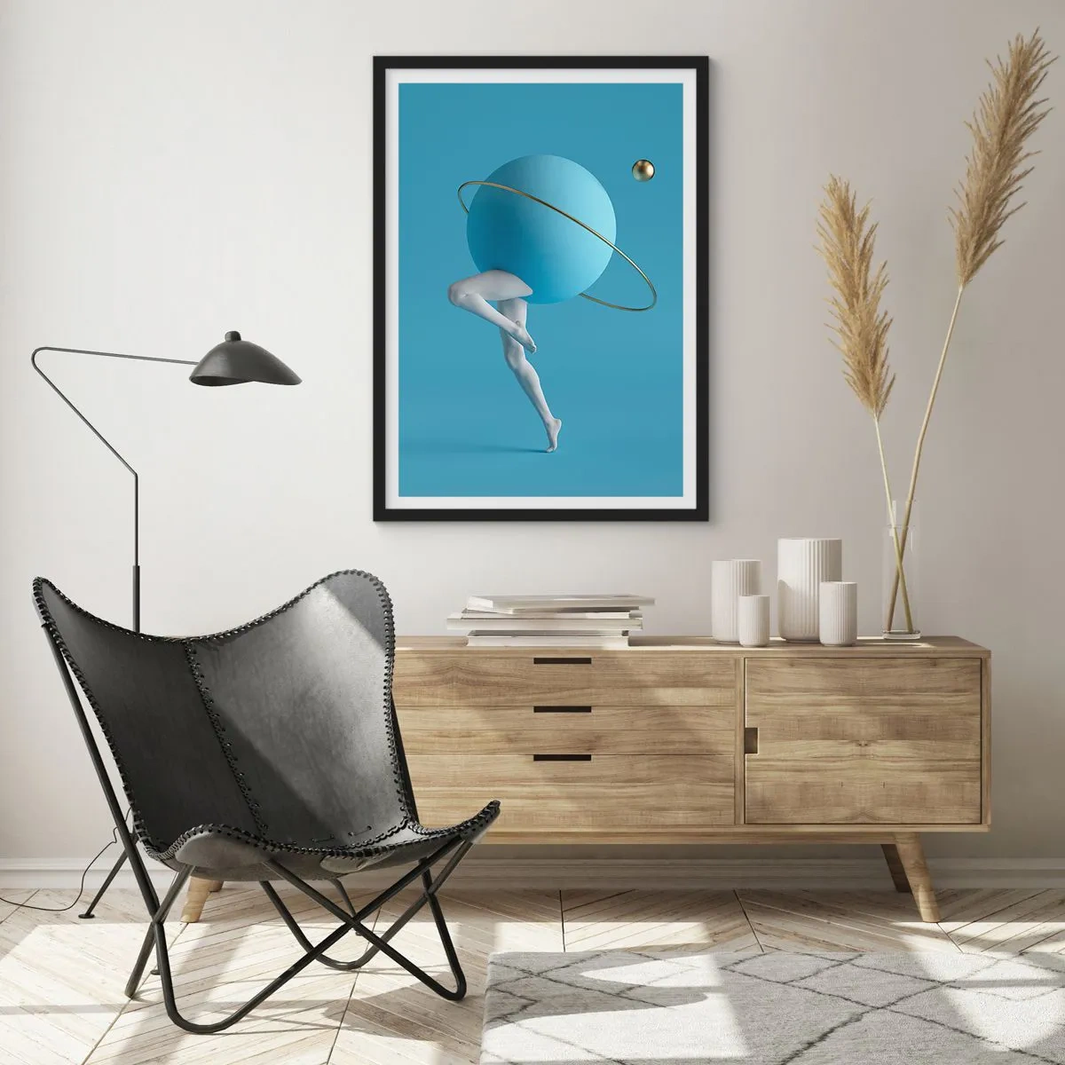 Poszter fehér keretben - Egy alak, fejként bolygóval, szürrealisztikus kompozícióban - 50x70cm - És a bolygók megbolondulnak - Modern fali dekoráció nappalihoz és hálószobához ARTTOR