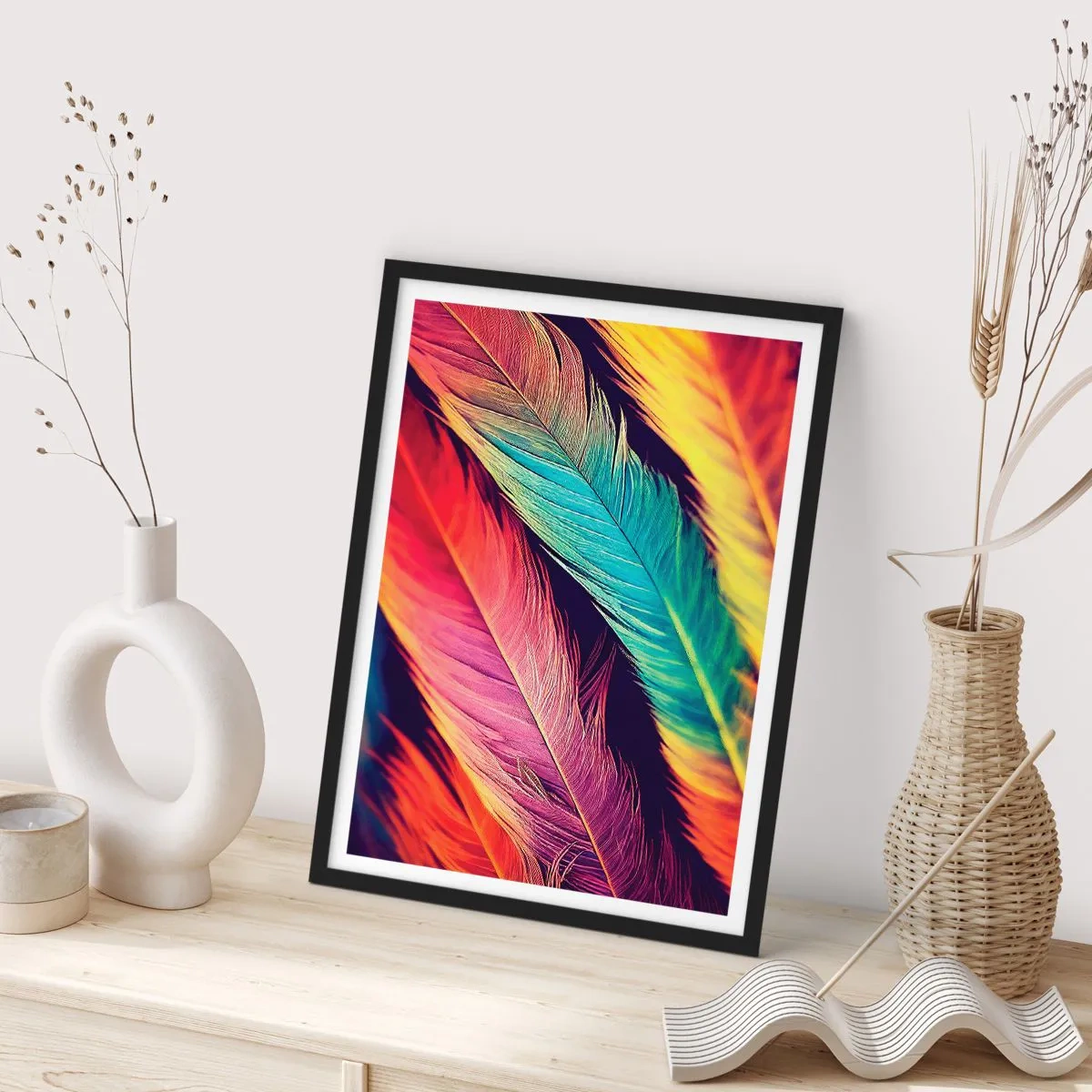 Poszter fehér keretben - Élénk árnyalatú színes tollak sötét háttér előtt - 50x70cm - Tollas szivárvány - Modern fali dekoráció nappalihoz és hálószobához ARTTOR