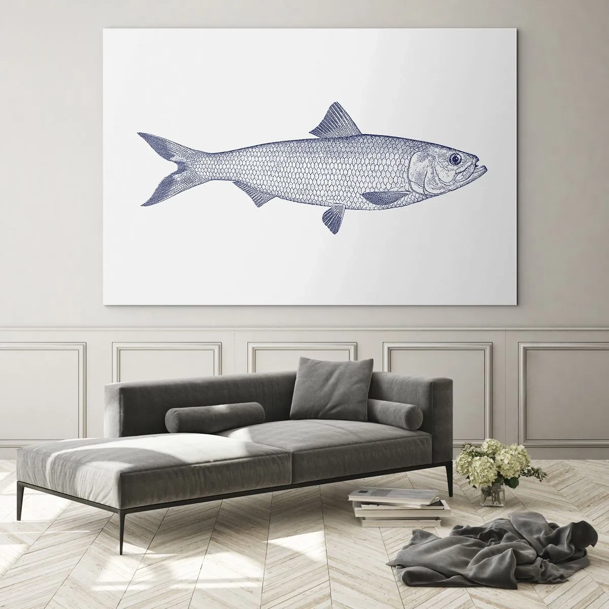 Üveg kép - Vintage stílusú halvázlat világos háttéren - 70x50cm - Üdvözlet az északi tengerektől - Modern fali dekoráció nappalihoz és hálószobához ARTTOR