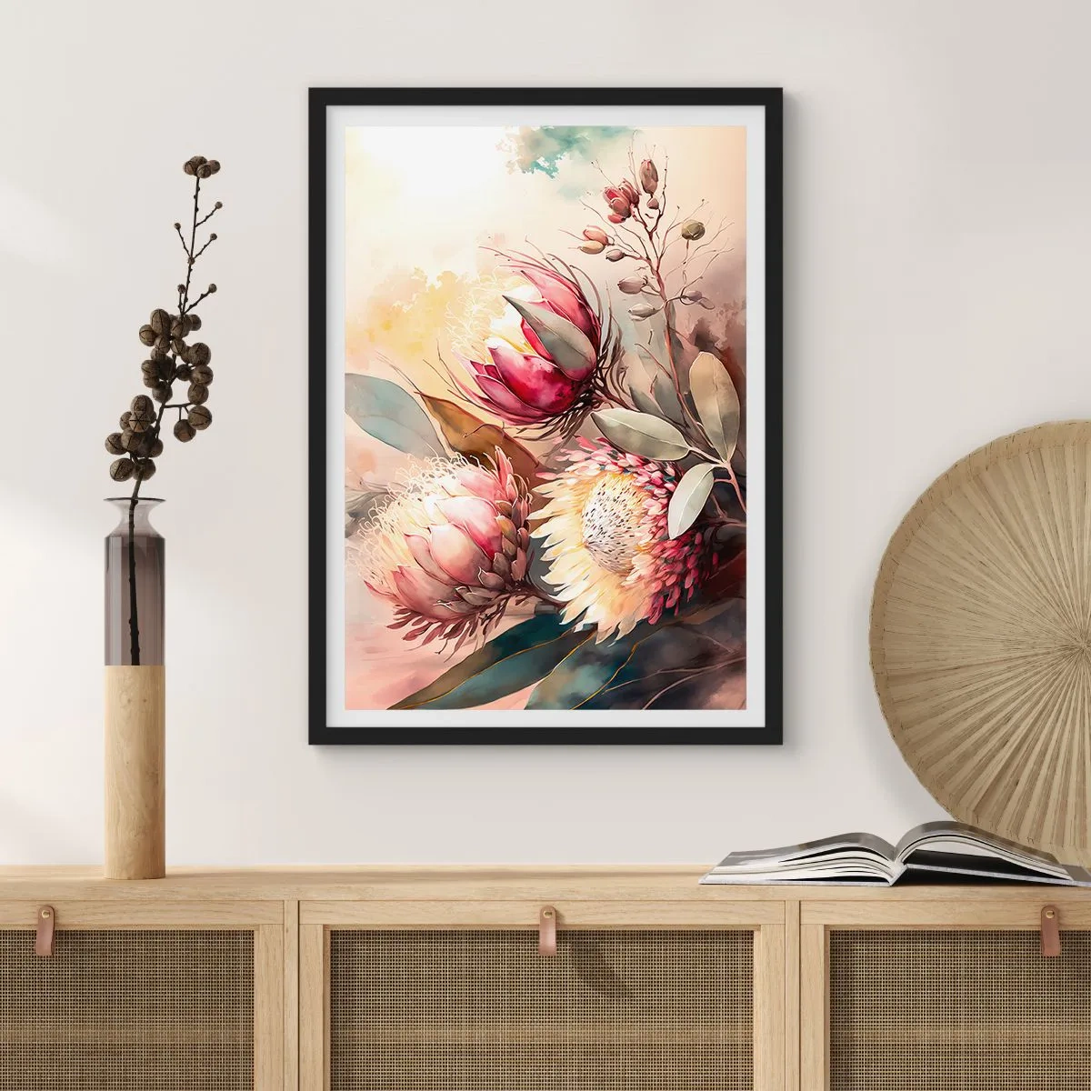 Poszter fehér keretben - Egy csokor protea virág finom színekben - 50x70cm - Profilból és en face - Modern fali dekoráció nappalihoz és hálószobához ARTTOR