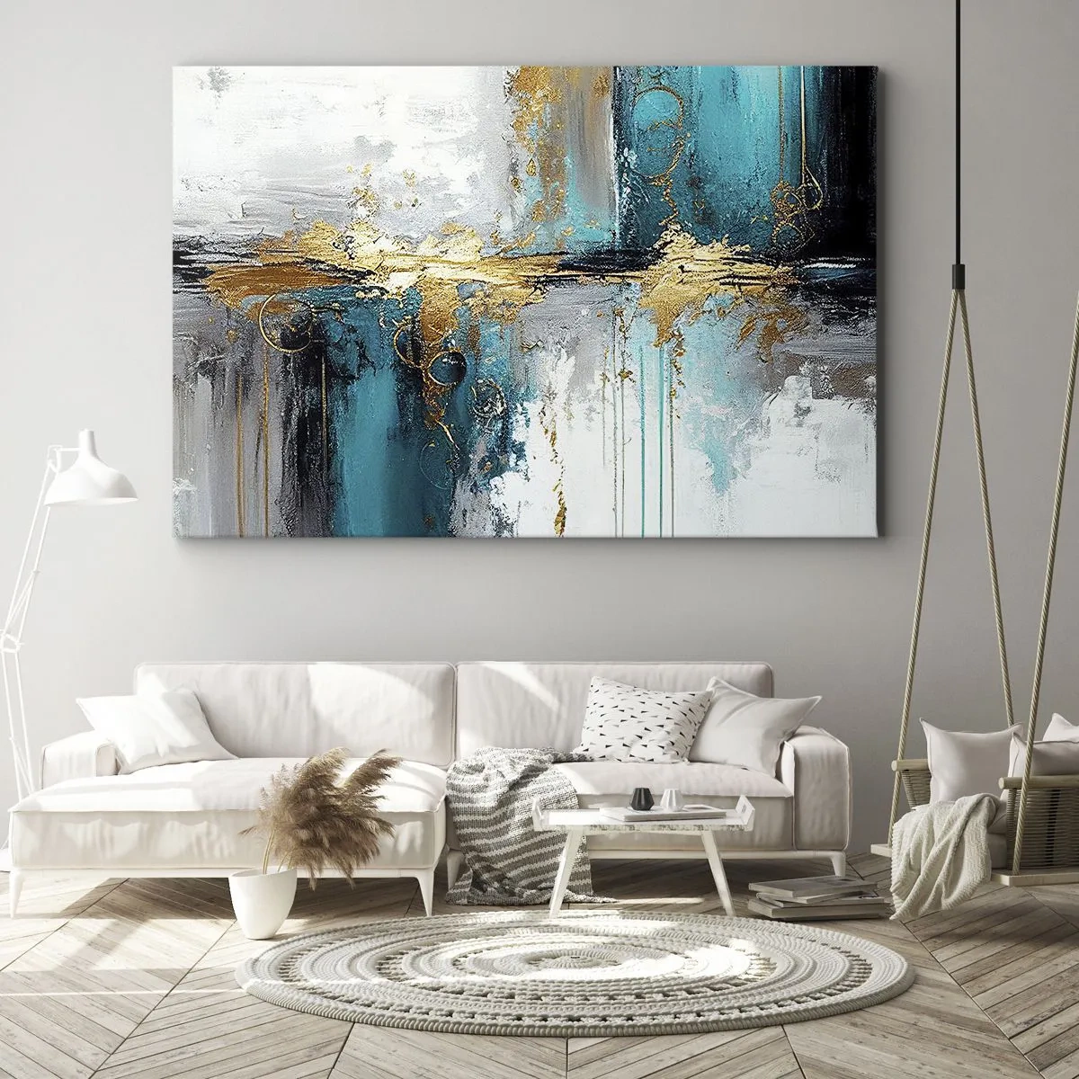 Vászonkép - Absztrakt kompozíció türkiz és arany díszítéssel. - 70x50cm - Minden áramlik - Modern fali dekoráció nappalihoz és hálószobához ARTTOR