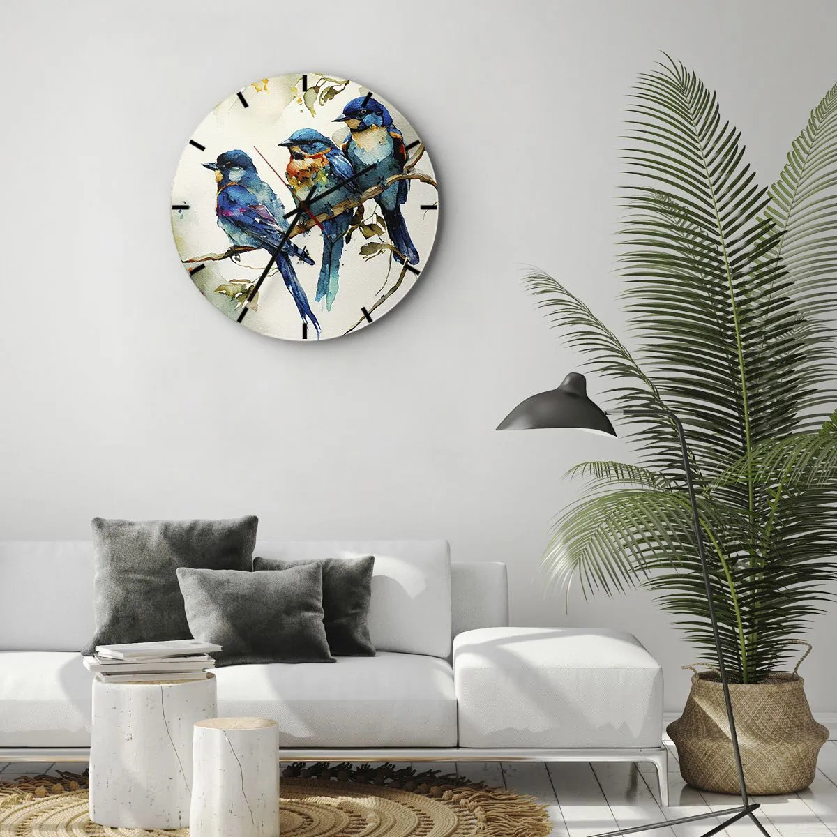 Falióra, Óra - Színes madarak egy ágon akvarell illusztrációs stílusban - 30x30cm - Megsértődött? - Modern fali dekoráció nappalihoz, konyhához és hálószobához ARTTOR