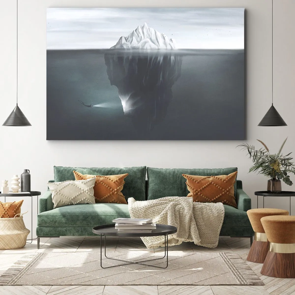 Vászonkép - Egy jéghegy a vízben, egy búvárral és egy reflektorral a felszín alatt. - 70x50cm - Víz alatti rejtély - Modern fali dekoráció nappalihoz és hálószobához ARTTOR