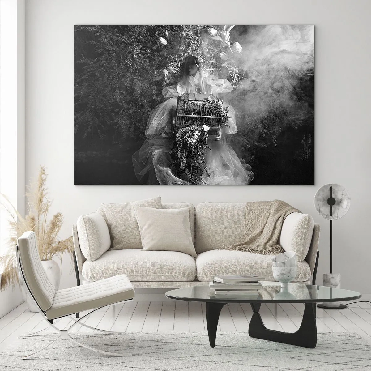 Üveg kép - Nő tüll kalitkás ruhában és fekete-fehér növényi koronában - 70x50cm - Maga az Anya – Természet - Modern fali dekoráció nappalihoz és hálószobához ARTTOR