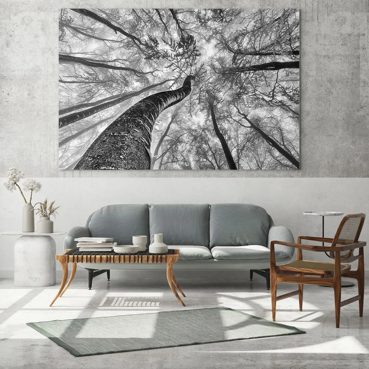 Üveg kép - Fekete-fehér fák alulról az ég felé fényképezve - 70x50cm - Verseny a fény felé - Modern fali dekoráció nappalihoz és hálószobához ARTTOR