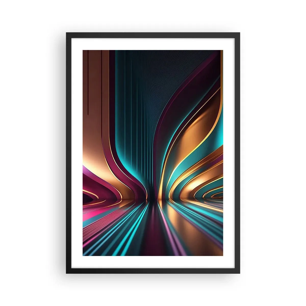 Poszter fehér keretben - Futurisztikus absztrakció arany és türkiz színekben - 50x70cm - A fény építészete - Modern fali dekoráció nappalihoz és hálószobához ARTTOR