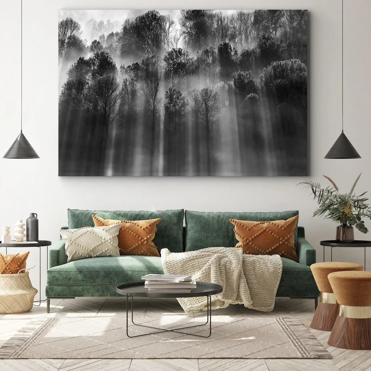 Vászonkép - Fekete-fehér erdő a reggeli fényben - 70x50cm - Fénypatakokban - Modern fali dekoráció nappalihoz és hálószobához ARTTOR