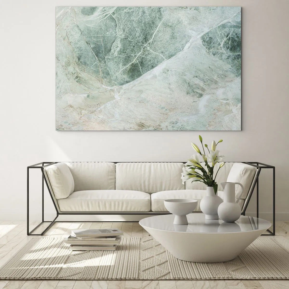 Üveg kép - Zöld-bézs textúra, amely természetes kőre hasonlít - 70x50cm - A kő nemes hűvössége - Modern fali dekoráció nappalihoz és hálószobához ARTTOR
