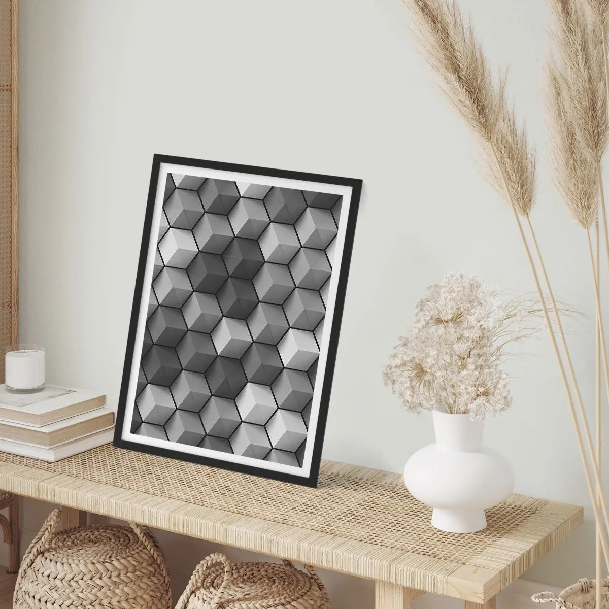 Poszter fehér keretben - 3D-s geometriai kockák fekete-fehér kompozíciója - 50x70cm - Kubista kirakós - Modern fali dekoráció nappalihoz és hálószobához ARTTOR