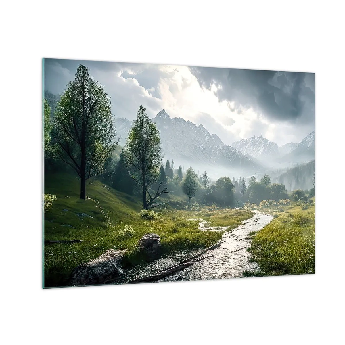 Üveg kép - Hegyi táj patakkal és zöld völggyel reggel - 70x50cm - Oda és vissza - Modern fali dekoráció nappalihoz és hálószobához ARTTOR