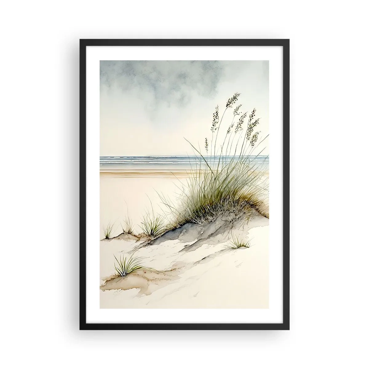 Poszter fehér keretben - A szél simogatja - füvek a dűnéken a tengerparton - 50x70cm - A szél által kényeztetve - Modern fali dekoráció nappalihoz és hálószobához ARTTOR