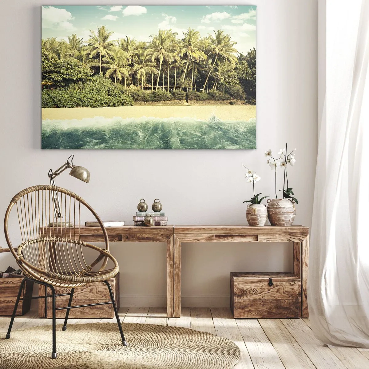 Vászonkép - Trópusi strand pálmafákkal és türkizkék tengerrel - 70x50cm - Talán itt? - Modern fali dekoráció nappalihoz és hálószobához ARTTOR