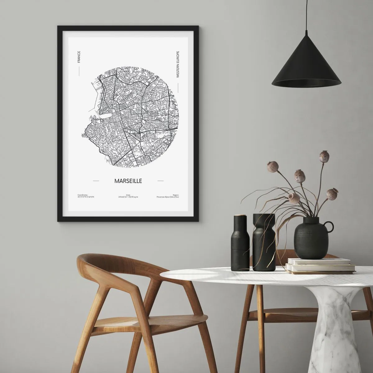 Poszter fehér keretben - Marseille minimalista térképe körben - 50x70cm - Marseille anatómiája - Modern fali dekoráció nappalihoz és hálószobához ARTTOR