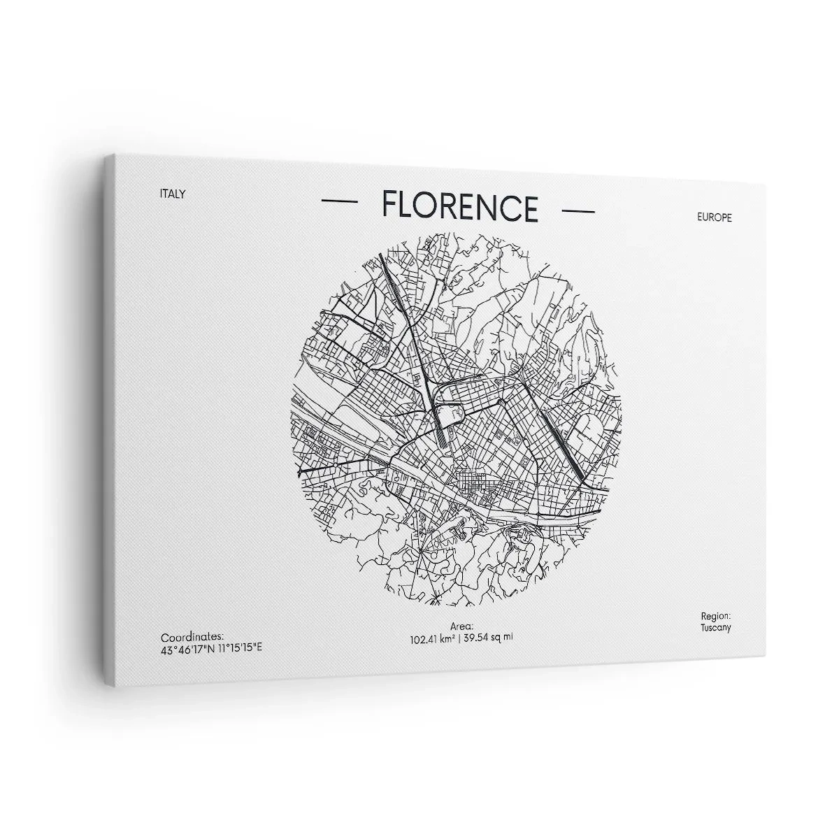 Vászonkép - Firenze térképe minimalista fekete-fehér stílusban - 70x50cm - Firenze anatómiája - Modern fali dekoráció nappalihoz és hálószobához ARTTOR
