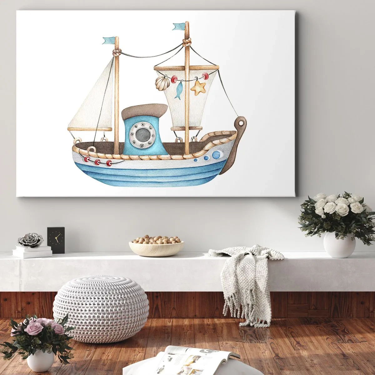 Vászonkép - Hajó illusztrációja pasztell színekben, fehér alapon - 70x50cm - Ahoj, kaland! - Modern fali dekoráció nappalihoz és hálószobához ARTTOR